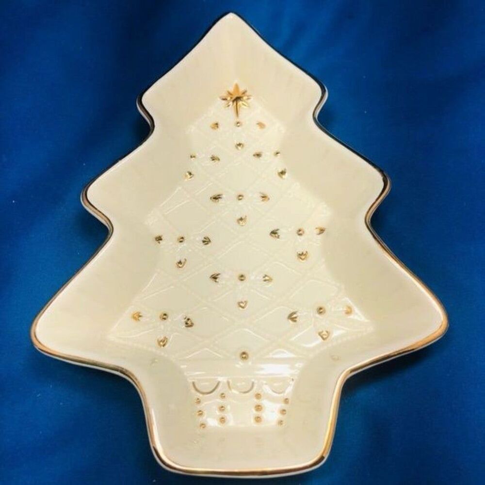 Formalities By Baum Bros  beige gold trim Ceramic Christmas Tree Platter 8x5x1